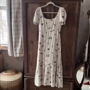 Embroidered Floral Puff Sleeve Long Dress